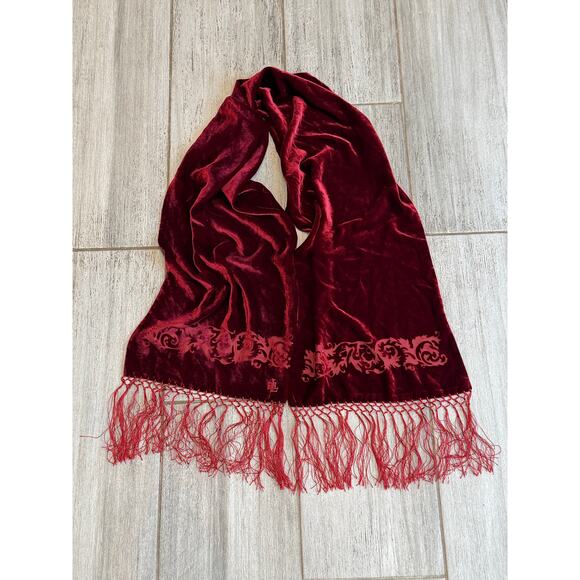Ralph Lauren Accessories - LRL Lauren Ralph Lauren Scarf Womens Burgundy Velvet Fringe Silk Blend Elegant